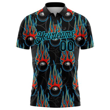 Personalized 3D Bowling Ball Hotrod Flame Polo Shirt - Black Lakes Blue Performance Apparel Personalized Black Lakes Blue