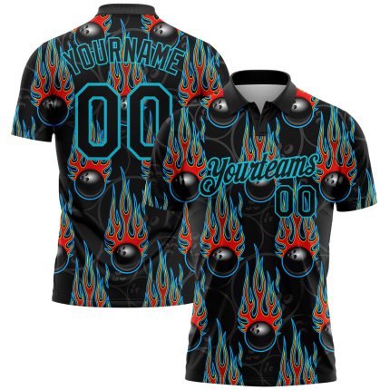 Personalized 3D Bowling Ball Hotrod Flame Polo Shirt - Black Lakes Blue Performance Apparel Personalized Black Lakes Blue