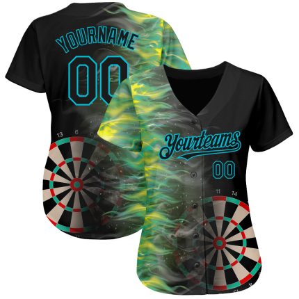 3D Fiery Black Lakes Blue Personalized Dart Board Baseball Jersey Personalized Black Lakes Blue 3D Fiery Dart Board Baseball