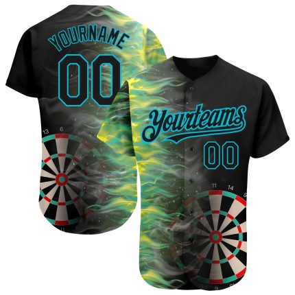 3D Fiery Black Lakes Blue Personalized Dart Board Baseball Jersey Personalized Black Lakes Blue 3D Fiery Dart Board Baseball