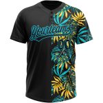 Personalized Black and Blue Tropical Palm Leaves Softball Jersey Unisex 3D Two-Button Design Personalized Black Lakes Blue