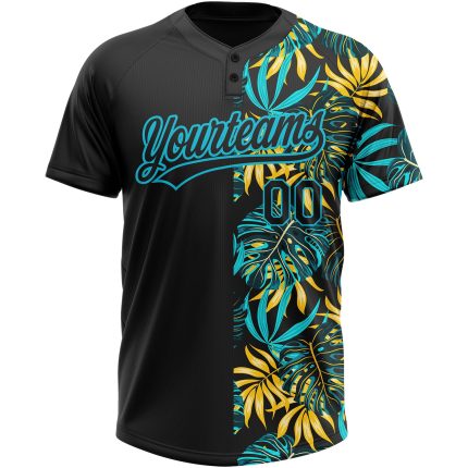 Personalized Black and Blue Tropical Palm Leaves Softball Jersey Unisex 3D Two-Button Design Personalized Black Lakes Blue