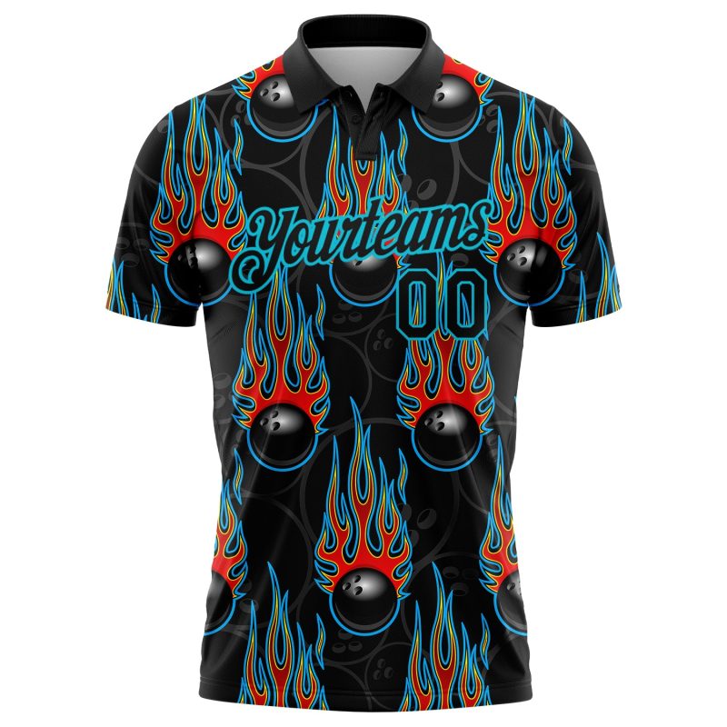 Custom Name 3D Pattern Bowling Ball & Hotrod Flame Performance Polo Shirt - Personalized Black Lakes Blue Design Personalized