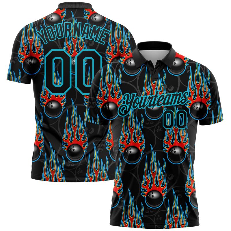 Custom Name 3D Pattern Bowling Ball & Hotrod Flame Performance Polo Shirt - Personalized Black Lakes Blue Design Personalized