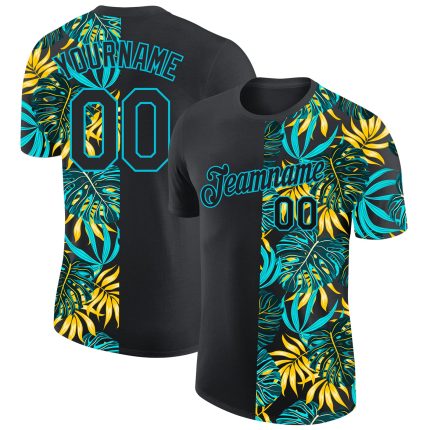 Custom Team Performance T-Shirt with Hawaiian Palm Leaves 3D Pattern, Personalized Black Lakes Blue Design, Name & Number Included