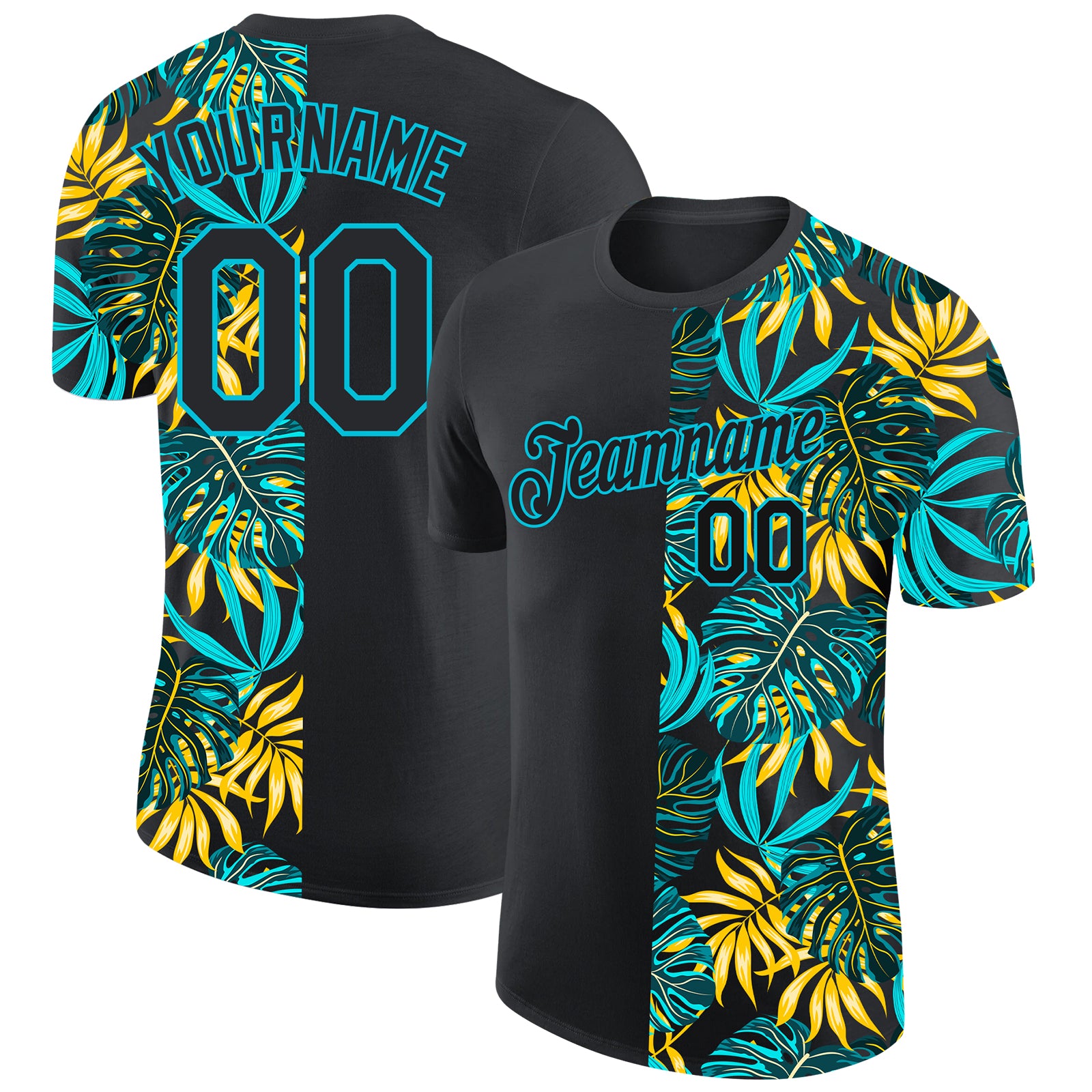 Custom Team Performance T-Shirt with Hawaiian Palm Leaves 3D Pattern, Personalized Black Lakes Blue Design, Name & Number Included