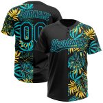 Custom Name and Number Personalized Black Blue Palm Leaves Softball Jersey - Two-Button Unisex Tropical 3D Pattern Personalized