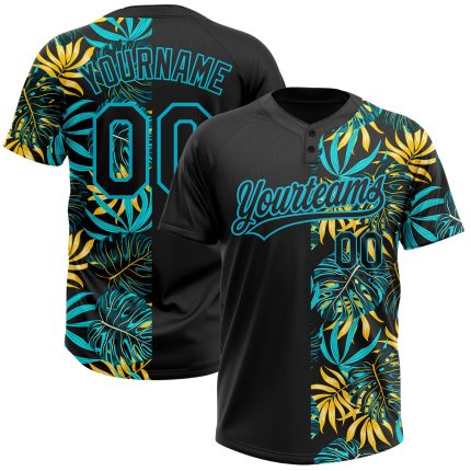 Custom Name and Number Personalized Black Blue Palm Leaves Softball Jersey - Two-Button Unisex Tropical 3D Pattern Personalized