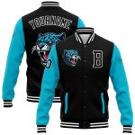 Custom 3D Bomber Jacket Black Lakes Blue-White Full-Snap Varsity Letterman Personalized Black Lakes Blue-White 3D Bomber