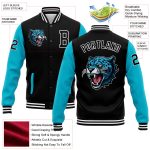 Custom 3D Bomber Jacket Black Lakes Blue-White Full-Snap Varsity Letterman Personalized Black Lakes Blue-White 3D Bomber
