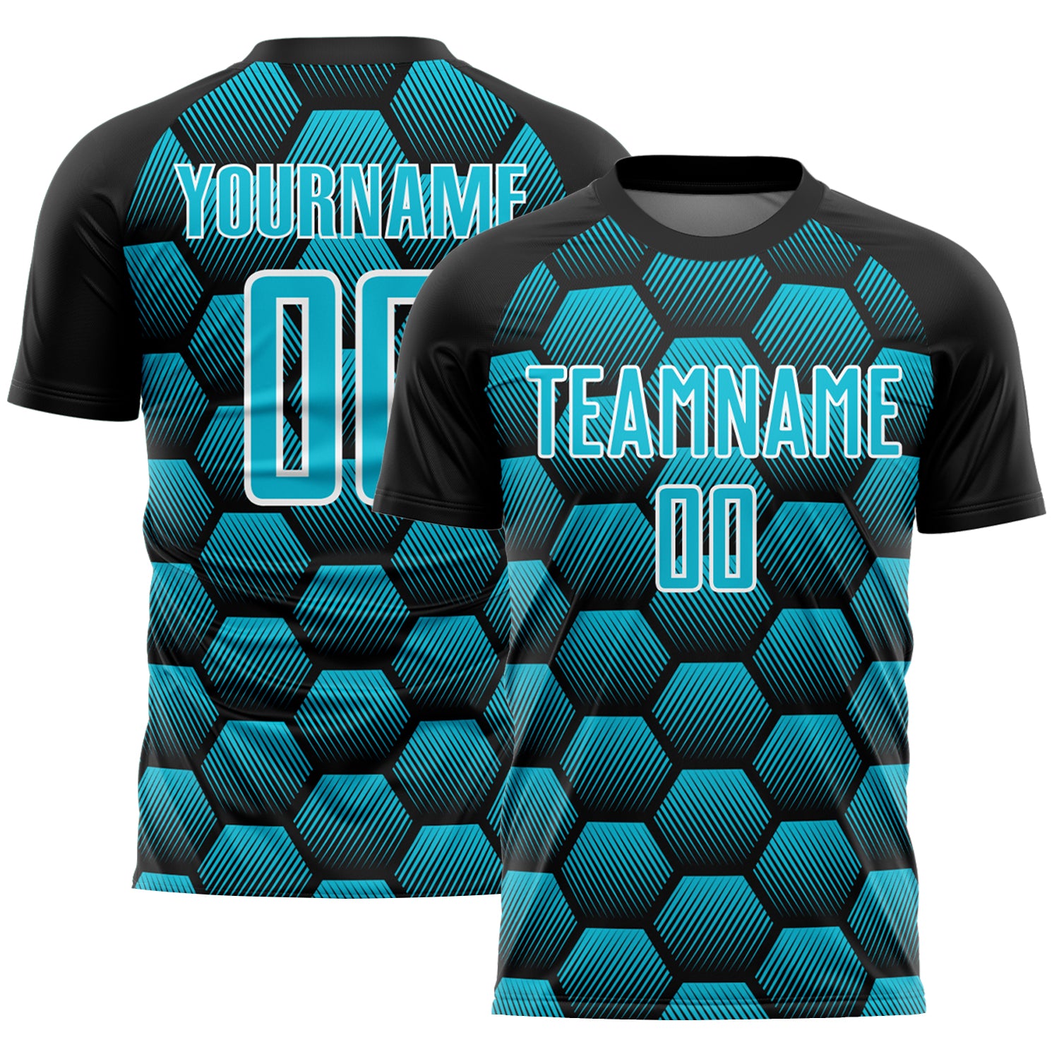 Custom Name and Number Soccer Uniform Jersey with Personalized Black Lakes Blue-White Hexagons Pattern Personalized Black