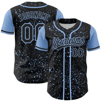 Personalized 3D Abstract Ink Splatter Baseball Jersey in Black and Light Blue Personalized Black Light Blue 3D Abstract Splatter
