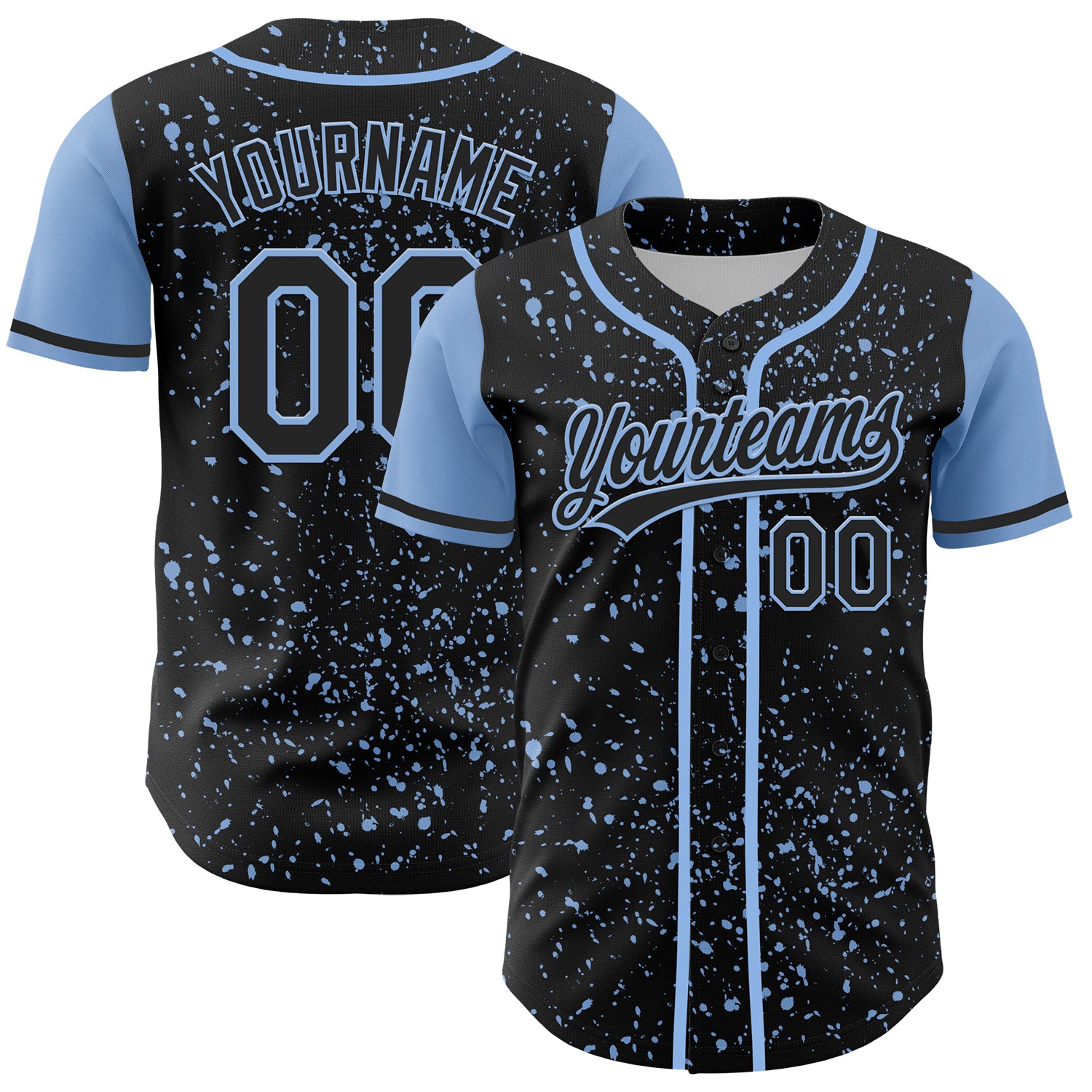 Personalized 3D Abstract Ink Splatter Baseball Jersey in Black and Light Blue Personalized Black Light Blue 3D Abstract Splatter