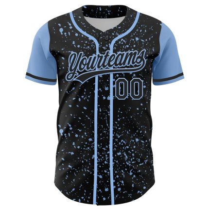 Personalized 3D Abstract Ink Splatter Baseball Jersey in Black and Light Blue Personalized Black Light Blue 3D Abstract Splatter
