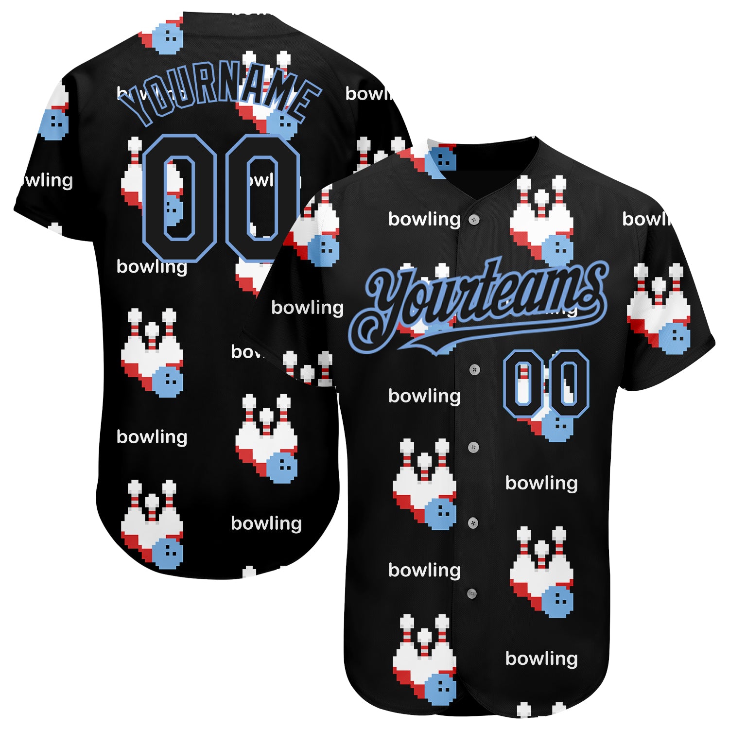 Personalized Black Light Blue 3D Bowling Jersey for Men, Custom Baseball Design Personalized Black Light Blue 3D Bowling