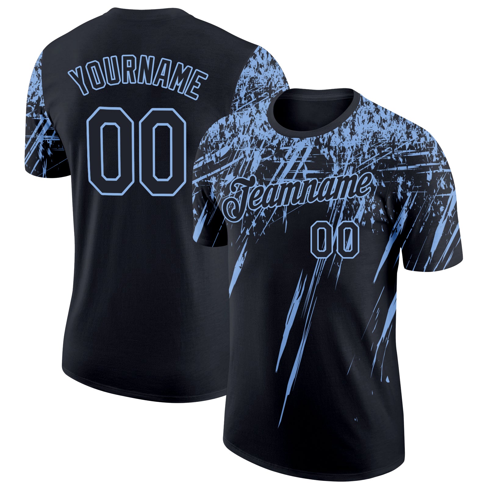 Custom Name and Number 3D Pattern Performance T-Shirt, Personalized Abstract Design in Black and Light Blue Personalized