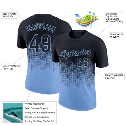 Custom 3D Gradient Black and Light Blue Performance T-Shirt with Name and Number - Team Apparel Personalized Black Light
