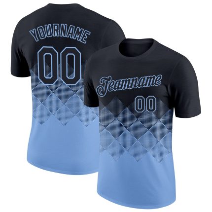 Custom 3D Gradient Black and Light Blue Performance T-Shirt with Name and Number - Team Apparel Personalized Black Light