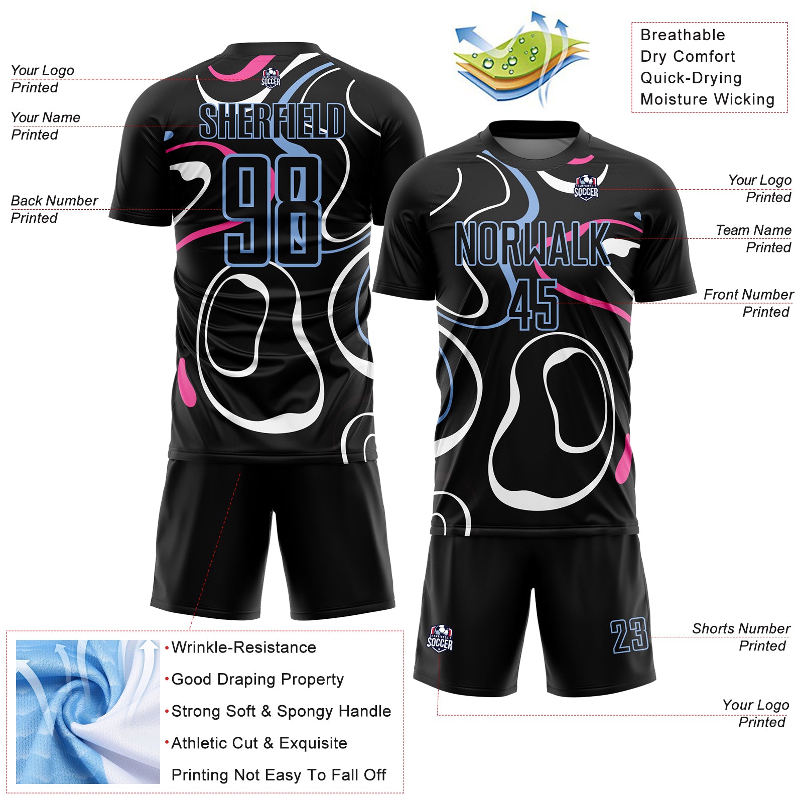 Personalized Black Light Blue Fluid Shapes Sublimation Soccer Uniform Jersey 2 Personalized Sublimation Soccer Jersey with Black and Light Blue Fluid Shapes 2 Personalized Black Light Blue Fluid Shapes - Image 4