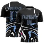 Custom Black Light Blue Fluid Shapes Soccer Jersey Uniform for Sublimation Personalized Black Light Blue Fluid Shapes Sublimation