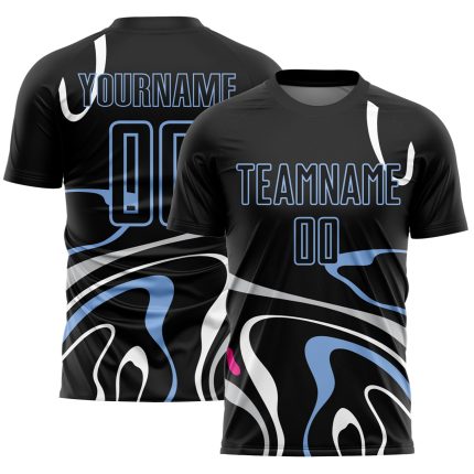 Custom Black Light Blue Fluid Shapes Soccer Jersey Uniform for Sublimation Personalized Black Light Blue Fluid Shapes Sublimation