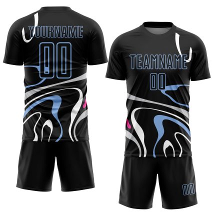 Custom Black Light Blue Fluid Shapes Soccer Jersey Uniform for Sublimation Personalized Black Light Blue Fluid Shapes Sublimation