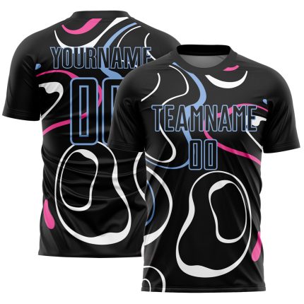 Personalized Light Blue Fluid Shapes Soccer Jersey - Custom Black Sublimation Uniform Personalized Black Light Blue Fluid