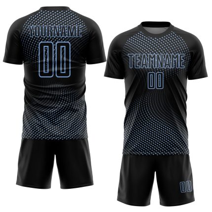 Custom Black and Light Blue Geometric Lines Soccer Jersey Uniform Personalized Black Light Blue Geometric Lines Sublimation