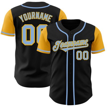 Custom Two Tone Black Light Blue-Gold Baseball Jersey with Personalized Name and Number - Authentic Team Apparel Personalized