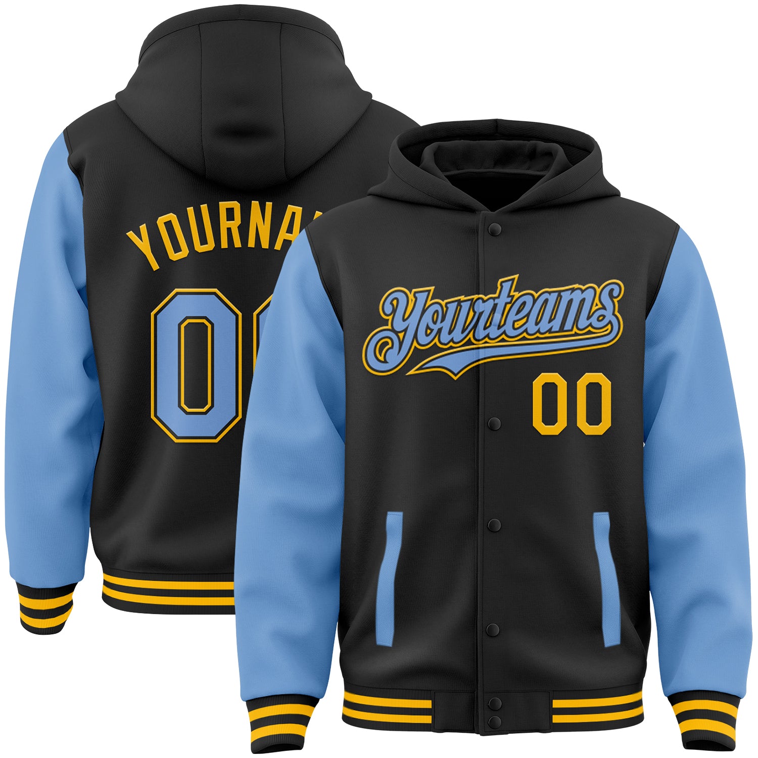Customizable Varsity Letterman Hoodie Jacket - Black Light Blue-Gold Bomber with Team Name and Number, Full-Snap Design Personalized