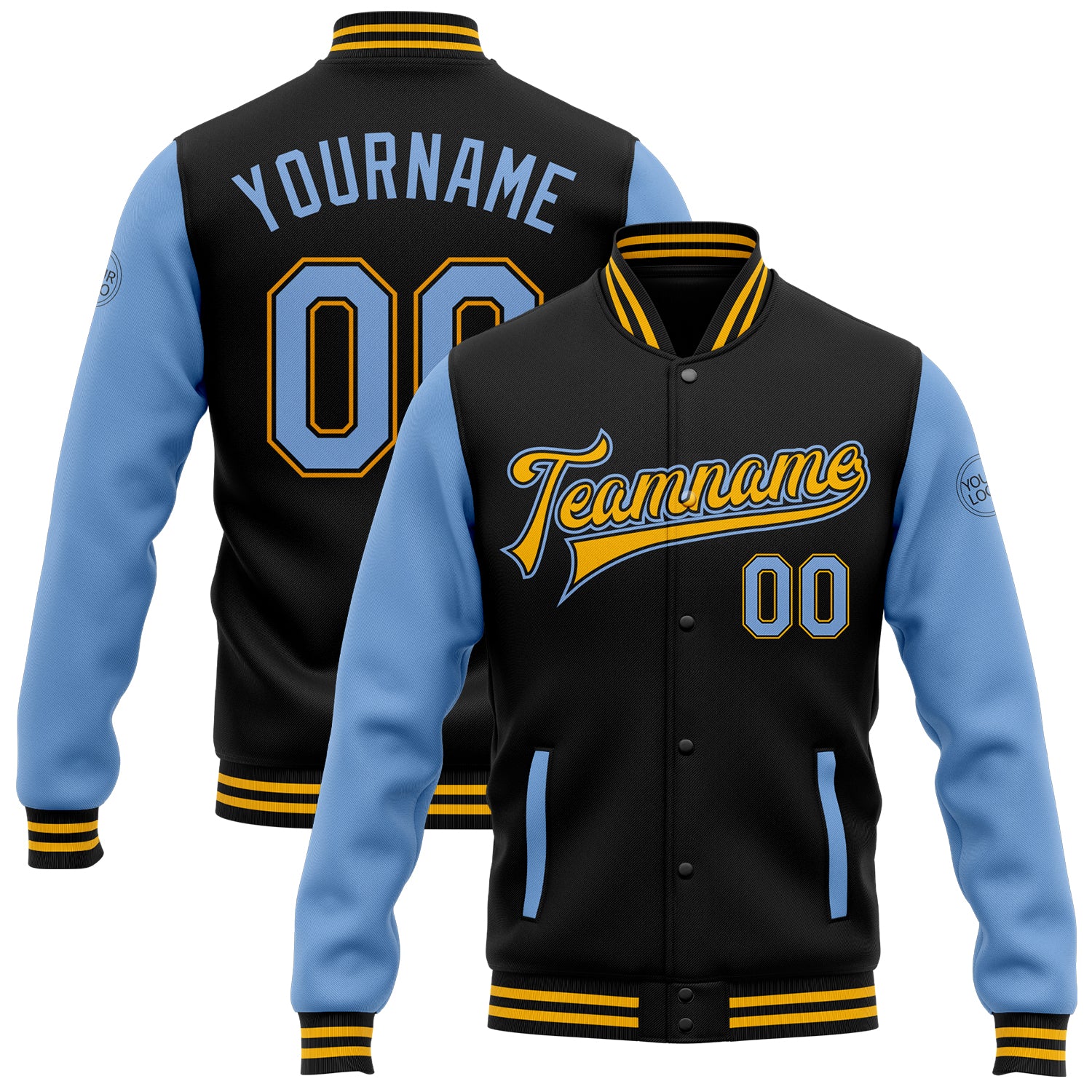 Personalized Two Tone Black Light Blue Gold Bomber Jacket Full-Snap Varsity Letterman Personalized Black Light Blue-Gold