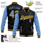 Personalized Two Tone Black Light Blue Gold Bomber Jacket Full-Snap Varsity Letterman Personalized Black Light Blue-Gold