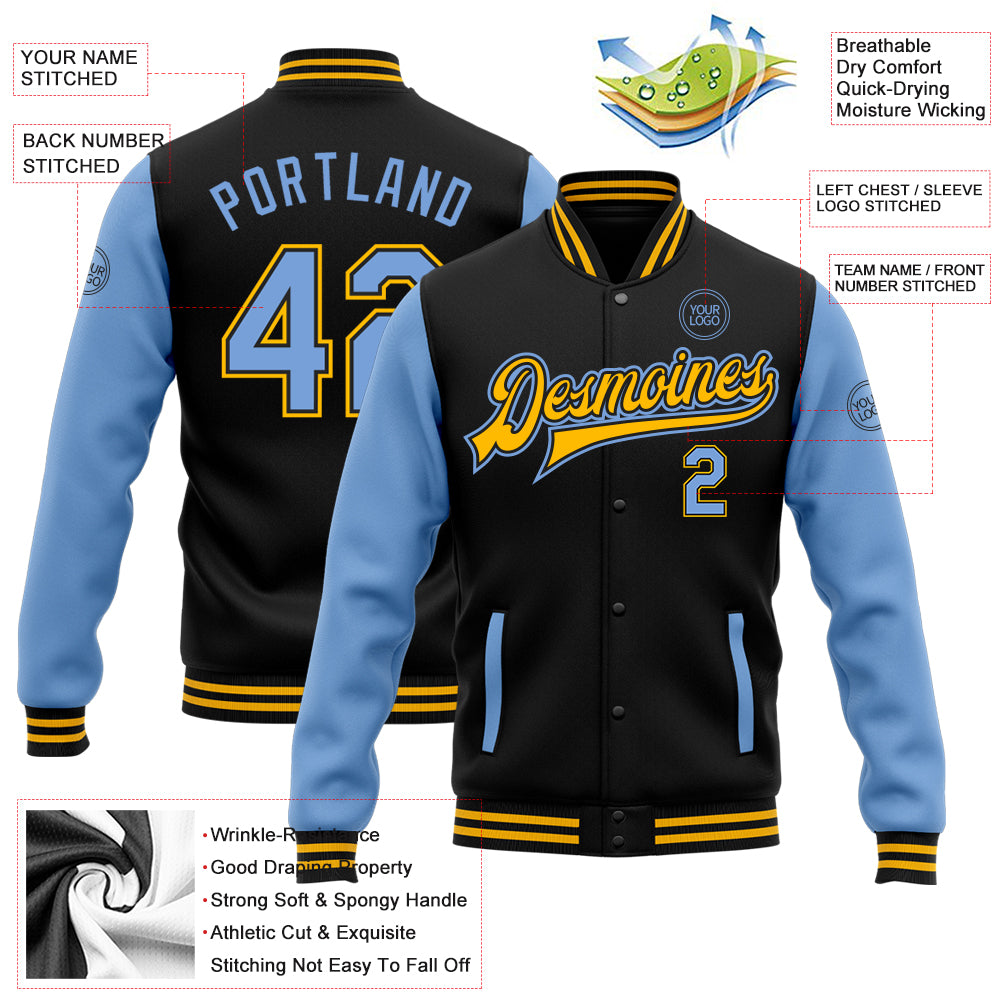 Personalized Black Light Blue-Gold Bomber Full-Snap Varsity Letterman Two Tone Jacket Personalized Two Tone Black Light Blue Gold Bomber Jacket Full-Snap Varsity Letterman Personalized Black Light Blue-Gold - Image 5