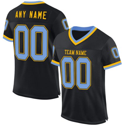 Personalized Black Light Blue Gold Mesh Football Jersey - Throwback Style Personalized Black Light Blue-Gold Mesh Throwback