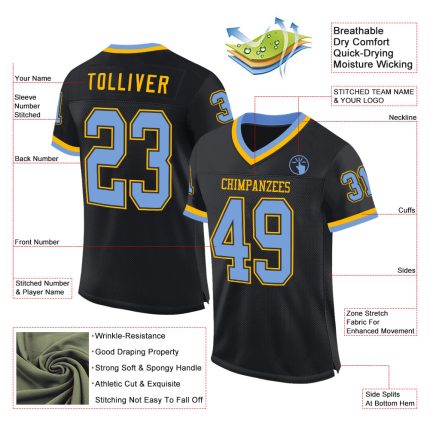 Personalized Black Light Blue Gold Mesh Football Jersey - Throwback Style Personalized Black Light Blue-Gold Mesh Throwback
