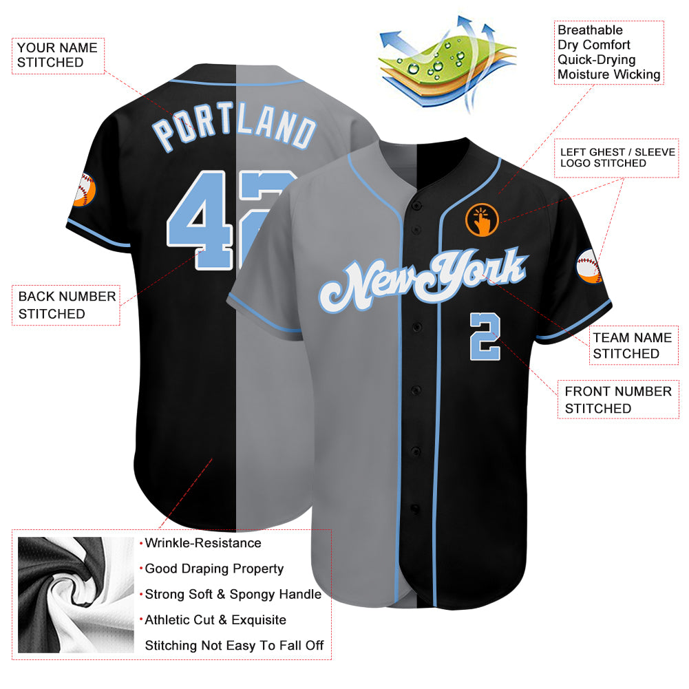 Personalized Black Light Blue-Gray Split Fashion Baseball Jersey Personalized Black Light Blue Gray Split Fashion Baseball Jersey for Men and Women Personalized Black Light Blue-Gray Split - Image 3