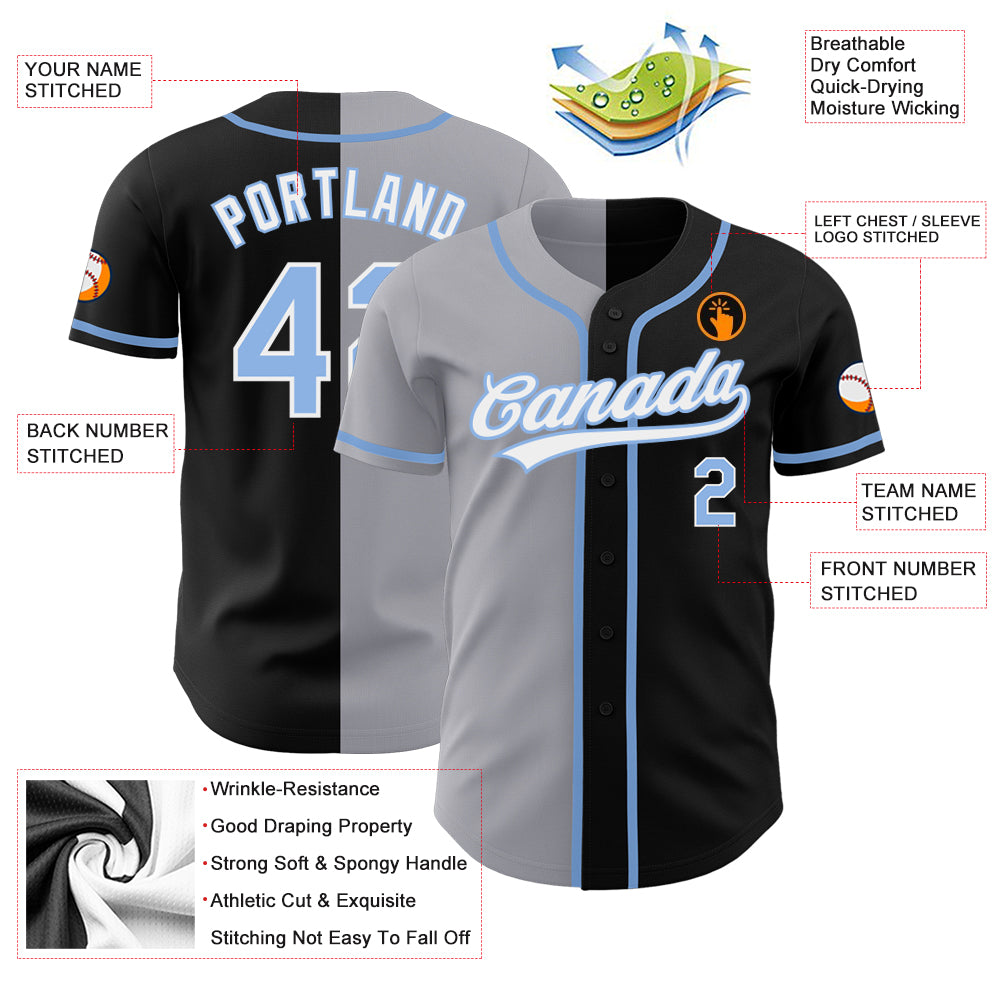Personalized Black Light Blue-Gray Split Fashion Baseball Jersey 2 Personalized Black Light Blue Gray Split Baseball Jersey for Men and Women Personalized Black Light Blue-Gray Split Fashion - Image 3