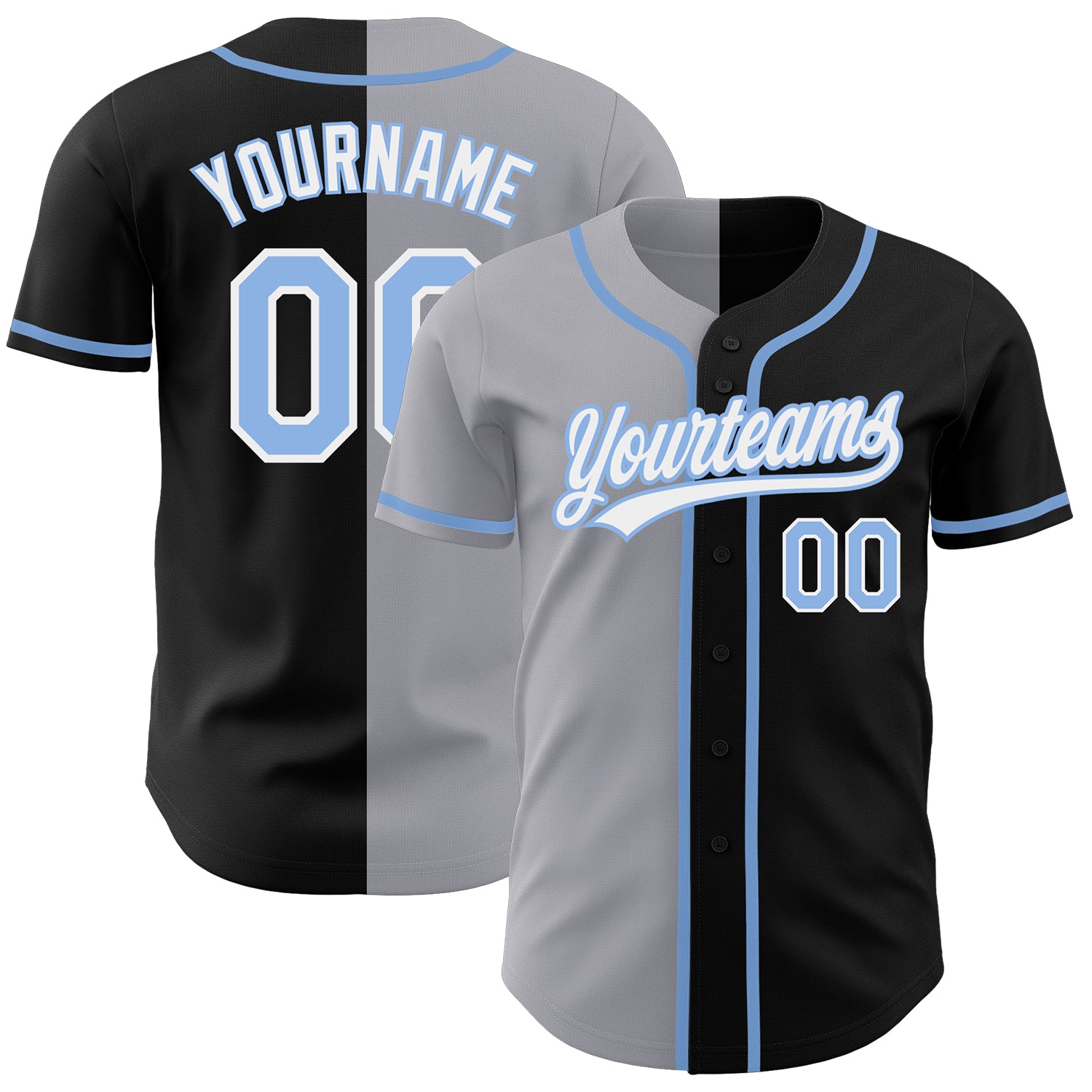 Personalized Black Light Blue Gray Split Baseball Jersey for Men and Women Personalized Black Light Blue-Gray Split Fashion