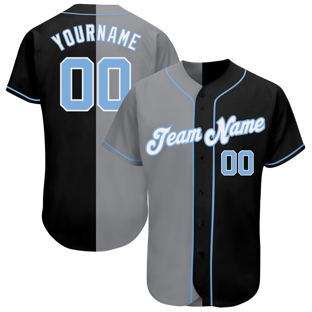 Personalized Black Light Blue Gray Split Fashion Baseball Jersey for Men and Women Personalized Black Light Blue-Gray Split