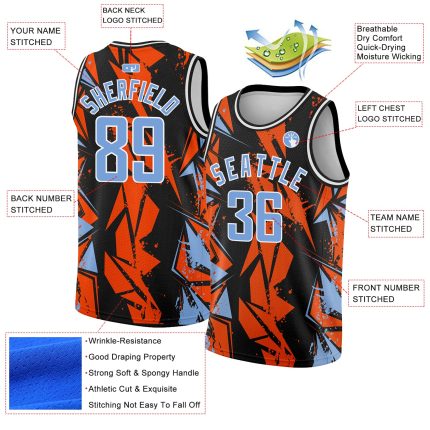 Custom Name and Number Authentic Basketball Jersey - Personalized Black Light Blue-Orange 3D Geometric Pattern Design Personalized