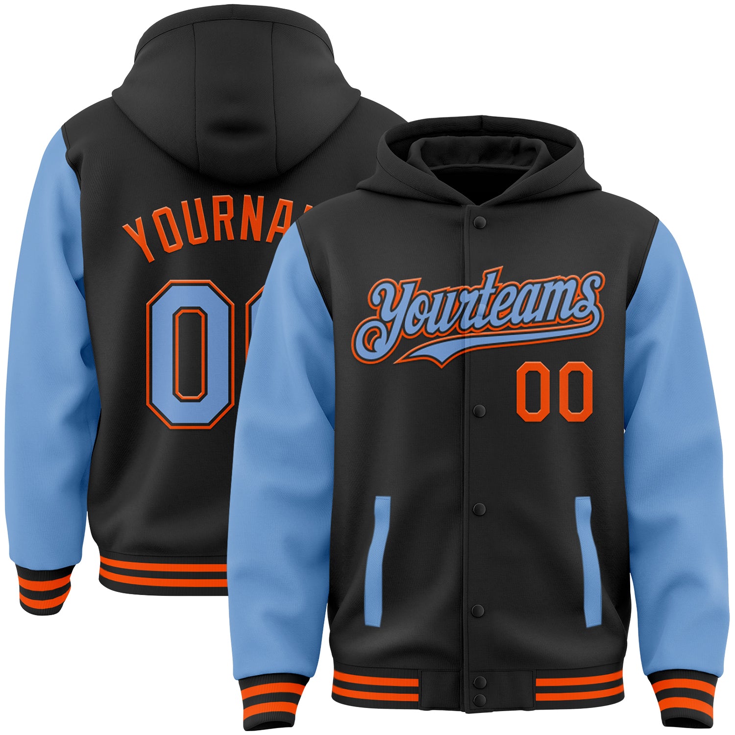 Custom Name and Number Two-Tone Bomber Hoodie Jacket - Black Light Blue-Orange Varsity Full-Snap Design Personalized Black