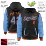 Custom Name and Number Two-Tone Bomber Hoodie Jacket - Black Light Blue-Orange Varsity Full-Snap Design Personalized Black