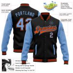 Personalized Bomber Jacket Light Blue Orange Two Tone Full-Snap Varsity Letterman Personalized Black Light Blue-Orange Bomber