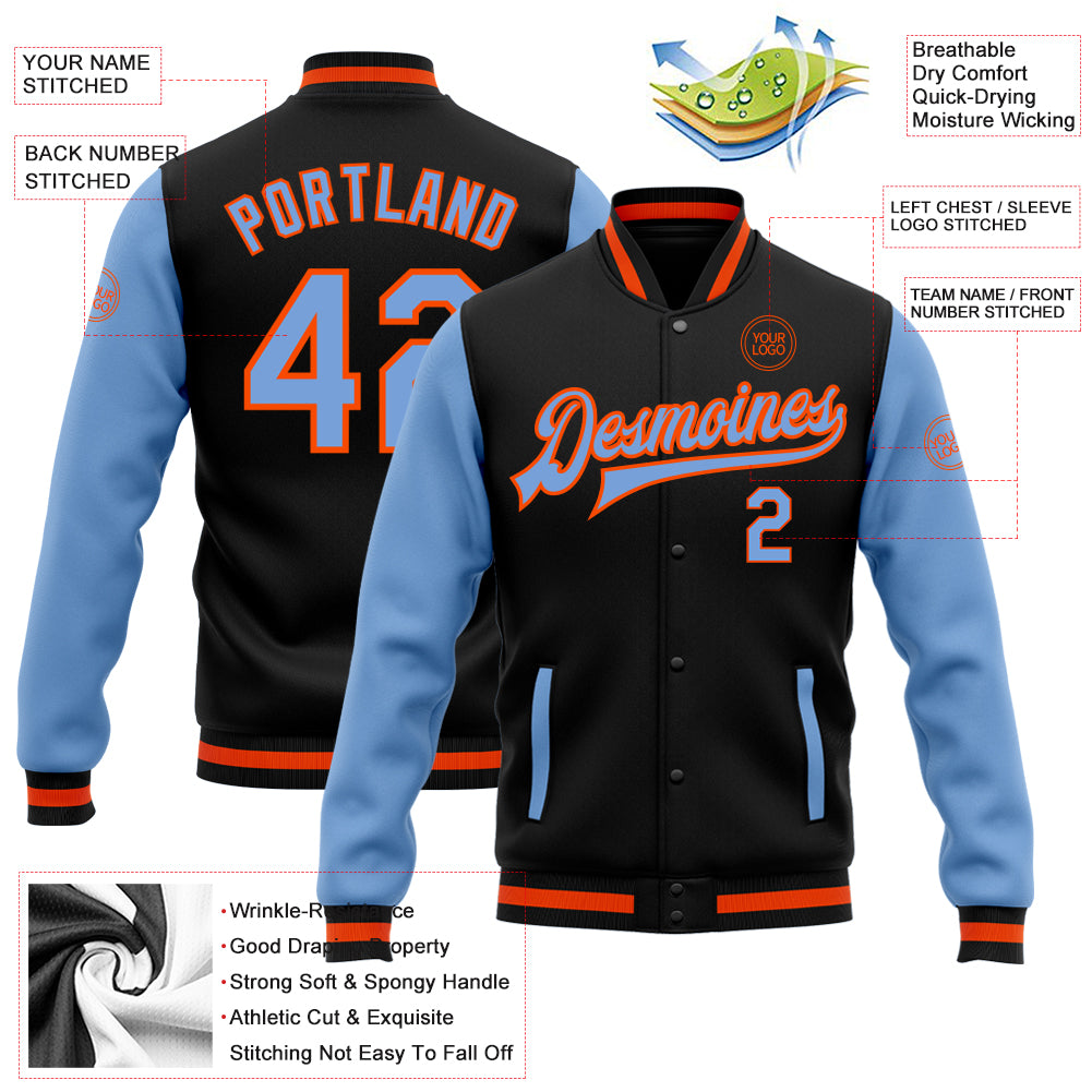 Personalized Black Light Blue-Orange Bomber Full-Snap Varsity Letterman Two Tone Jacket Personalized Two Tone Bomber Jacket Black Light Blue Orange Full-Snap Varsity Letterman Personalized Black Light Blue-Orange - Image 5