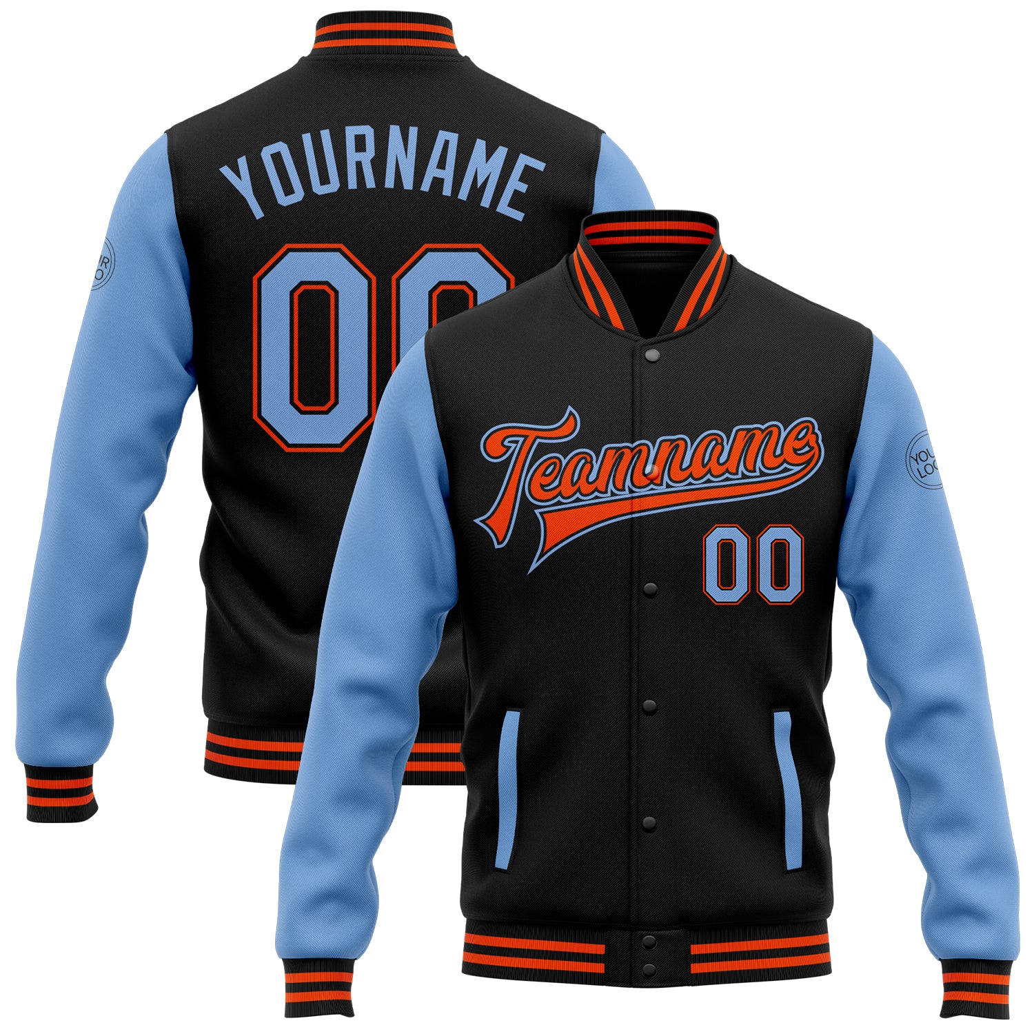 Personalized Bomber Jacket Light Blue Orange Two Tone Full-Snap Varsity Letterman Personalized Black Light Blue-Orange Bomber