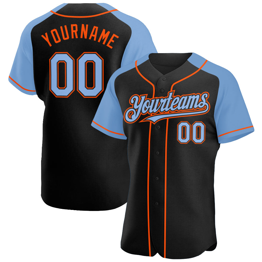 Personalized Black Light Blue Orange Baseball Jersey with Raglan Sleeves Personalized Black Light Blue-Orange Raglan Sleeves