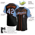 Personalized Black Light Blue Orange Baseball Jersey with Raglan Sleeves Personalized Black Light Blue-Orange Raglan Sleeves