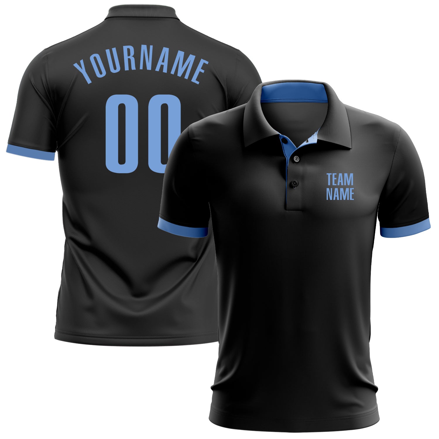 Custom Team Name Number Black Light Blue Golf Polo Shirt - Personalized Performance Shirt Personalized Black Light Blue Performance