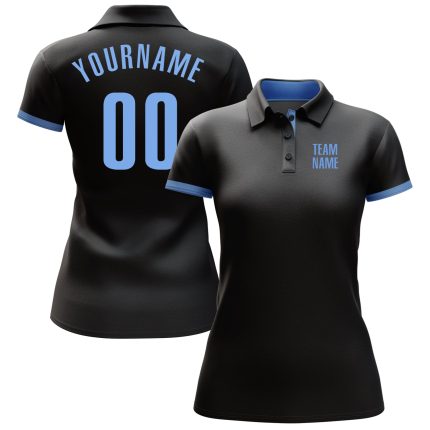 Custom Team Name Number Black Light Blue Golf Polo Shirt - Personalized Performance Shirt Personalized Black Light Blue Performance