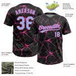 Custom black, light blue and pink softball jersey, detail of the printed panel